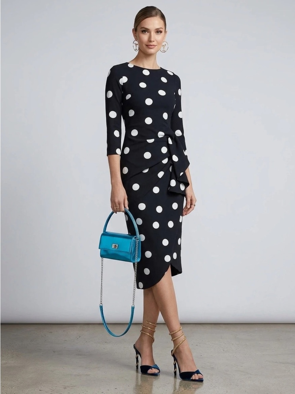 NWT Chiara Boni Black and White Polka Dot Midi Dress